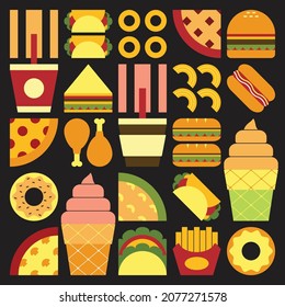 Flat minimalist geometric fast food symbol artwork poster with colorful simple shapes. Abstract vector pattern design of junk food and drink. Burgers, pizza, french fries, soda, coffee and ice cream.
