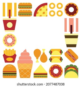 Flat minimalist geometric fast food symbol artwork poster with colorful simple shapes. Abstract vector pattern design of junk food and drink. Burgers, pizza, french fries, soda, coffee and ice cream.