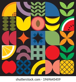 Flat minimalist geometric fruit and leaf artwork poster with colorful simple shapes. Abstract vector pattern design in Scandinavian style for branding, web banners, background or wallpapers.