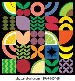 Flat minimalist geometric fruit and leaf artwork poster with colorful simple shapes. Abstract vector pattern design in Scandinavian style for branding, web banners, background or wallpapers.