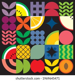 Flat minimalist geometric fruit and leaf artwork poster with colorful simple shapes. Abstract vector pattern design in Scandinavian style for branding, web banners, background or wallpapers.