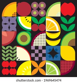 Flat minimalist geometric fruit and leaf artwork poster with colorful simple shapes. Abstract vector pattern design in Scandinavian style for branding, web banners, background or wallpapers.