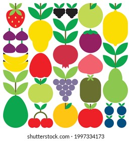Flat minimalist geometric fruit and leaf artwork poster with colorful simple shapes. Abstract vector pattern design in Scandinavian style for branding, web banner, background or wallpaper. EPS 10.