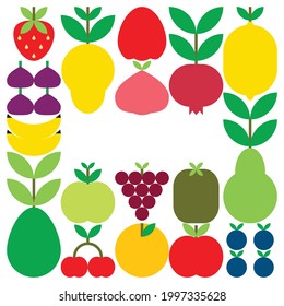 Flat minimalist geometric fruit and leaf artwork poster with colorful simple shapes. Abstract vector pattern design in Scandinavian style for branding, web banner, background or wallpaper. EPS 10.