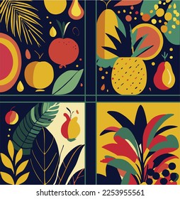 Flat minimalist geometric fruit and leaf artwork poster with colorful simple shapes. Abstract vector pattern design in Scandinavian style for branding, web banners, background or wallpapers.