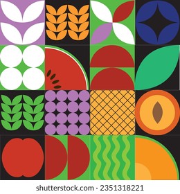 Flat minimalist geometric fruit and leaf artwork poster with colorful simple shapes. Abstract vector pattern design in Scandinavian style for branding, web banners, background or wallpapers.