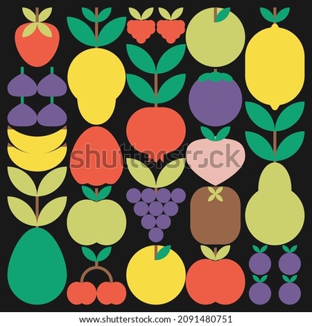Flat minimalist geometric fruit and leaves. Simple colorful fresh fruit artwork poster. Abstract vector pattern design in Scandinavian style. Mangoes, apples, pears, avocados, oranges and other fruits