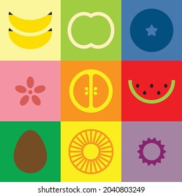 Flat minimalist geometric fruit symbol artwork poster with colorful simple shapes. Whole and sliced ​​fruit abstract vector pattern design. Good for branding, web banner, background or wallpaper.