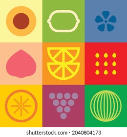 Flat minimalist geometric fruit symbol artwork poster with colorful simple shapes. Whole and sliced ​​fruit abstract vector pattern design. Good for branding, web banner, background or wallpaper.