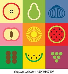 Flat minimalist geometric fruit symbol artwork poster with colorful simple shapes. Whole and sliced ​​fruit abstract vector pattern design. Good for branding, web banner, background or wallpaper.