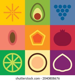 Flat minimalist geometric fruit symbol artwork poster with colorful simple shapes. Whole and sliced ​​fruit abstract vector pattern design. Good for branding, web banner, background or wallpaper.