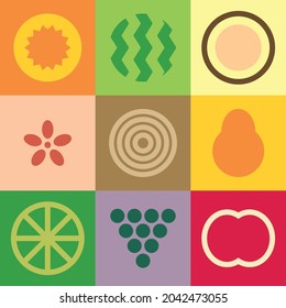 Flat minimalist geometric fruit symbol artwork poster with colorful simple shapes. Whole and sliced ​​fruits abstract vector pattern design. Good for branding, web banner, background or wallpaper.