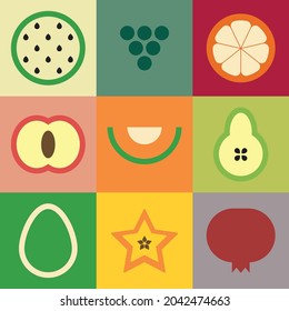 Flat minimalist geometric fruit symbol artwork poster with colorful simple shapes. Whole and sliced ​​fruits abstract vector pattern design. Good for branding, web banner, background or wallpaper.