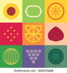 Flat minimalist geometric fruit symbol artwork poster with colorful simple shapes. Whole and sliced ​​fruits abstract vector pattern design. Good for branding, web banner, background or wallpaper.