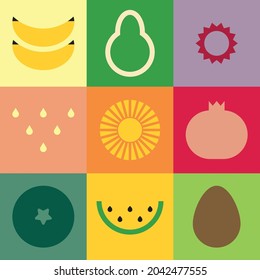 Flat minimalist geometric fruit symbol artwork poster with colorful simple shapes. Whole and sliced ​​fruits abstract vector pattern design. Good for branding, web banner, background or wallpaper.