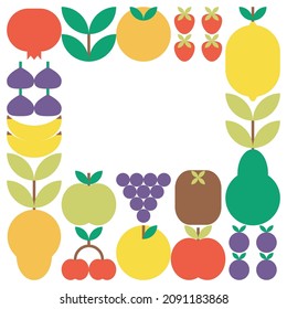 Flat minimalist geometric fruits and leaves. Simple colorful fresh fruit artwork poster. Abstract vector pattern design in Scandinavian style. For branding, web banners, backgrounds, juices or decor.