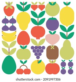 Flache minimalistische geometrische Früchte und Blätter. Einfaches buntes Plakat für frische Früchte. Abstraktes Vektordesign im skandinavischen Stil. Mango, Birne, Erdbeere, Kiwi, Orange, Zitrone und mehr.