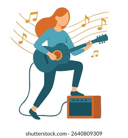 Flat Minimalist Girl Playing Acoustic Guitar Music Performance Illustration