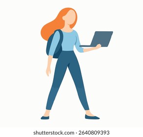 Flat Minimalist Girl Student Carrying Backpack and Laptop Illustration