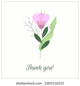Flat minimalist greeting card. Cute vector postcard with floral design. A postcard with the lovely bouquet and inscription Thank you on a white background.