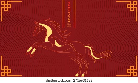 Flat Minimalist Horse Lunar New Year 2026 Greeting Background with Red and Gold Colors Flowing Wave Pattern Jumping Horse Illustration Traditional Asian Frame and Vertical Typography