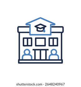 A flat minimalist icon depicting a university building with graduation cap, stylized figures. Blue and dark blue lines on a White Background.