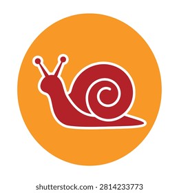 A flat minimalist icon featuring a simple red snail silhouette centered within a vibrant orange circle. Perfect for speed, nature, biology, and slow pace concepts.