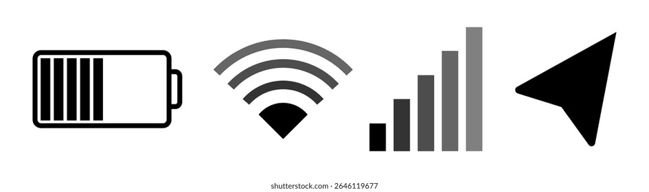 Flat minimalist icon set including battery status, WiFi signal, location pin, and mobile network signal icons in outline style. Vector EPS 10 format ideal for UI design, mobile apps, and digital commu