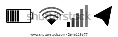 Flat minimalist icon set including battery status, WiFi signal, location pin, and mobile network signal icons in outline style. Vector EPS 10 format ideal for UI design, mobile apps, and digital commu