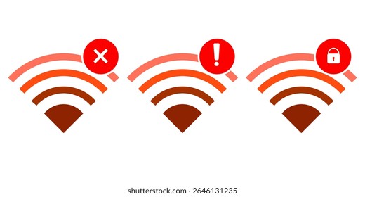 Flat minimalist icon set showing three connection statuses: no WiFi available, WiFi connection error, and locked WiFi found. Vector EPS 10 format suitable for apps, UI design, and connectivity status