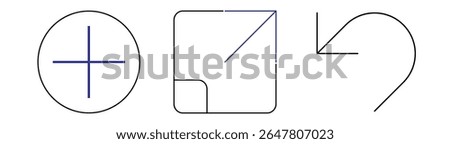 Flat minimalist icon sheet in outline style, vector EPS 10 format. Includes new icon, undo icon, and more options icon. Ideal for user interface design, navigation tools, and application command menus
