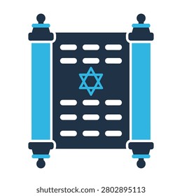 A flat minimalist icon of a traditional Torah scroll featuring a central Star of David. Perfect for Jewish religious education, synagogue materials, and holidays.