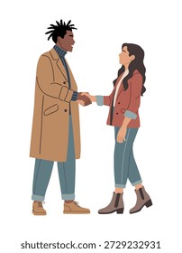 Flat minimalist illustration of a Black man and woman shaking hands in a professional setting, symbolizing partnership, trust, modern business collaboration. Vector isolated on white background