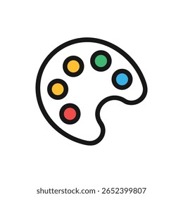 Uma ilustração minimalista plana de uma paleta de tinta preta com vários pontos de cores vivas. No Fundo Branco. O estilo artístico é simples e moderno.