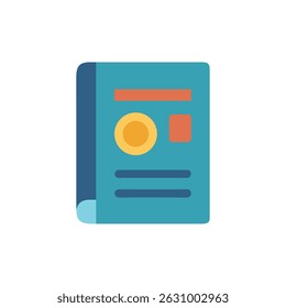 Una ilustración plana y minimalista de un libro turquesa cerrado con iconos gráficos. Aislado en un fondo blanco.