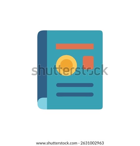 A flat, minimalist illustration of a closed turquoise book with graphic icons. Isolated on a White Background.