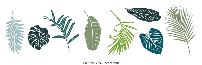 Flat minimalist illustration of different tropical leaves in teal, green, and blue-gray, clean lines, modern style. Vector isolated on white background.