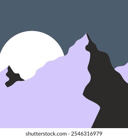 A flat, minimalist illustration featuring a mountain range peak at night, beautifully illuminated by a large full moon, all rendered in soft pastel colors.