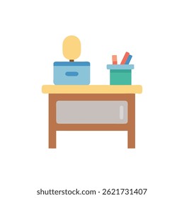 Ilustração minimalista plana de uma pessoa em uma mesa com computador e estacionário. Design limpo com cores suaves.
