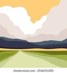 A flat, minimalist illustration portrays a vast green field beneath a sky filled with thick, dense clouds on a bright sunny day, with rocks visible along the horizon, rendered in soft pastel colors.