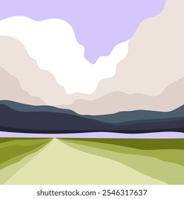 A flat, minimalist illustration portrays a vast green field beneath a sky filled with thick, dense clouds on a bright sunny day, with rocks visible along the horizon, rendered in soft pastel colors.