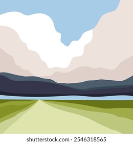 A flat, minimalist illustration portrays a vast green field beneath a sky filled with thick, dense clouds on a bright sunny day, with rocks visible along the horizon, rendered in soft pastel colors.