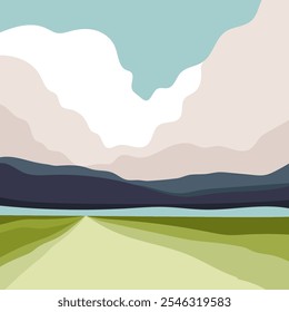 Uma ilustração plana e minimalista retrata um vasto campo verde sob um céu cheio de nuvens densas e grossas em um dia brilhante e ensolarado, com rochas visíveis ao longo do horizonte, renderizadas em cores pastéis macias.