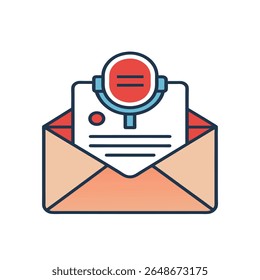 A flat, minimalist illustration shows an open peach envelope holding a white document. Above it, a red microphone icon outlined in dark blue adds a bold, clean-lined touch