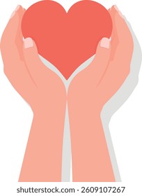 Flat minimalist illustration of two hands gently holding a red heart. Symbol of care, love, support, kindness, and charity. Isolated on transparent background. Perfect for health, volunteering, donati