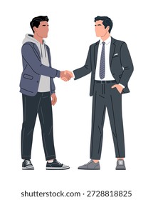 Ilustração minimalista plana de dois homens apertando as mãos em um ambiente profissional, mostrando trajes de negócios casuais e formais em um fundo branco.