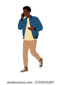 Ilustración minimalista plana de un joven negro caminando y hablando en un teléfono inteligente, traje casual moderno, líneas limpias, fondo blanco.