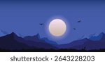 A flat, minimalist landscape illustration of a large full moon or sun with faint rings, illuminating a silhouetted mountain range and foreground, all under a deep blue night sky with three birds flyin