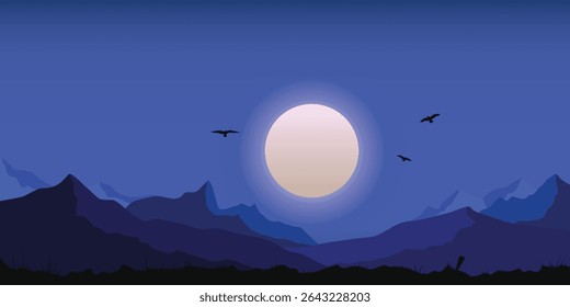 A flat, minimalist landscape illustration of a large full moon or sun with faint rings, illuminating a silhouetted mountain range and foreground, all under a deep blue night sky with three birds flyin