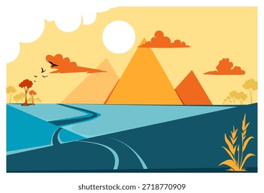 
Uma ilustração de vetor de paisagem plana e minimalista com uma paleta de cores quente e fria. Uma estrada azul clara sopra de baixo para a esquerda em direção ao centro, com grama azul escura ou áreas de terra à direita e à esquerda. Várias plantas altas, amarelo-dourado estão no canto inferior direito. No fundo central, três grandes montanhas triangulares dominam o horizonte, com tons variados de laranja e amarelo. Várias árvores pequenas com folhas redondas e laranja-marrons são visíveis nos lados esquerdo e direito perto do chão. O céu de fundo é colorido em tons de amarelo e laranja claro, indicando o nascer ou pôr do sol. Há várias nuvens laranjas planas e brilhantes, bem como vários círculos brancos representando o sol. Um pequeno bando de pássaros negros voa no lado esquerdo do céu, em frente a uma longa nuvem laranja.
